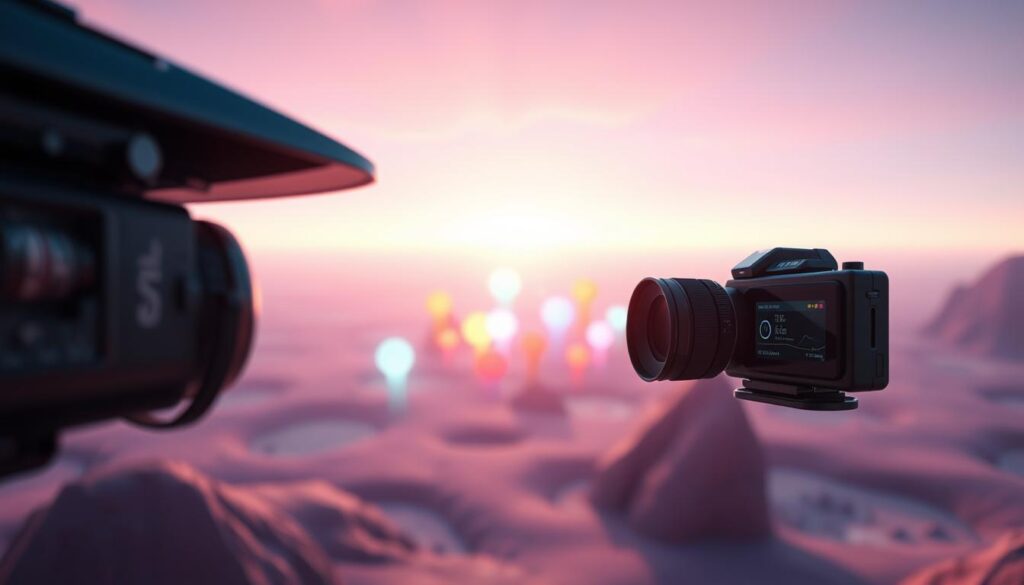 A cinematic scene of AI-generated films unfolds. In the foreground, a sleek, futuristic camera hovers, its lens trained on a vibrant, otherworldly landscape. The middle ground features a collection of abstract, luminous shapes and forms, their movements fluid and captivating, hinting at the power of AI-driven animation. In the background, a vast, dreamlike expanse, bathed in a soft, diffused light, serves as a canvas for these digital artworks. The overall atmosphere is one of wonder and technological innovation, capturing the essence of the latest trends in AI-generated filmmaking.