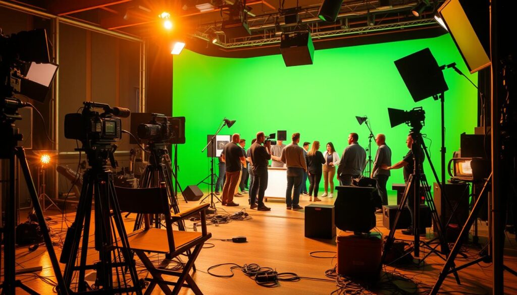 A film production studio set, bathed in warm, golden lighting. In the foreground, a director's chair sits amidst a clutter of filmmaking equipment - cameras, microphones, and lighting rigs. In the middle ground, a group of professionals - a director, cinematographer, and production crew - collaborate, deeply engrossed in their work. The background reveals a large green screen, ready to capture dynamic, cinematic shots. The atmosphere is one of focused creativity, where the art of crafting compelling advertisements comes to life.