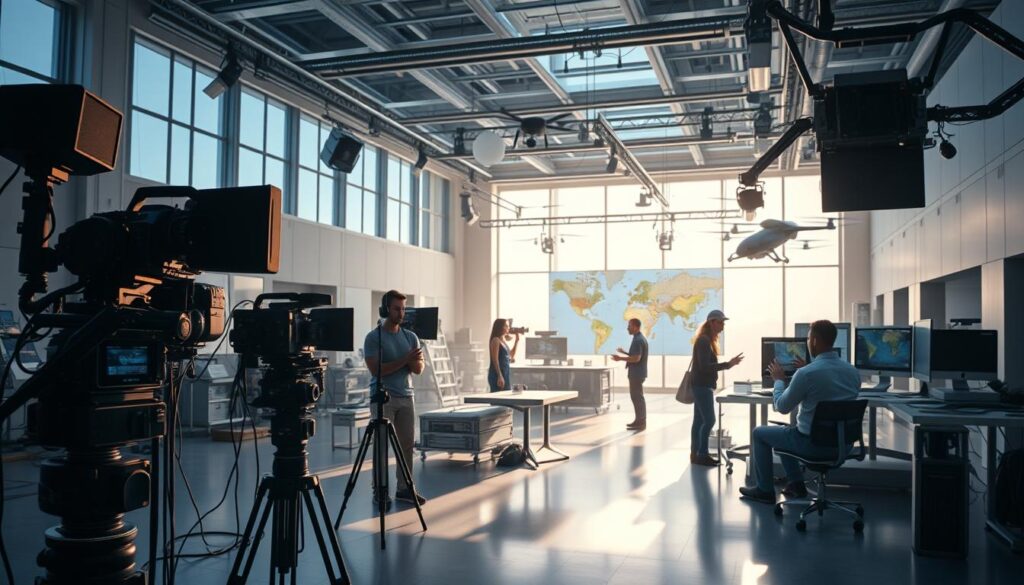 A high-tech film production studio, illuminated by soft, natural lighting that filters in through large windows. In the foreground, a group of AI-powered cameras and robotic equipment capture every detail of the scene. In the middle ground, a team of filmmakers, animators, and technicians collaborate on a state-of-the-art digital workstation, analyzing footage and refining visual effects. The background showcases a vast, open-concept space filled with cutting-edge technology, including holographic displays, gesture-controlled interfaces, and autonomous drones. The overall atmosphere conveys a sense of innovation, creativity, and the seamless integration of artificial intelligence into the filmmaking process. A high-tech film production studio, illuminated by soft, natural lighting that filters in through large windows. In the foreground, a group of AI-powered cameras and robotic equipment capture every detail of the scene. In the middle ground, a team of filmmakers, animators, and technicians collaborate on a state-of-the-art digital workstation, analyzing footage and refining visual effects. The background showcases a vast, open-concept space filled with cutting-edge technology, including holographic displays, gesture-controlled interfaces, and autonomous drones. The overall atmosphere conveys a sense of innovation, creativity, and the seamless integration of artificial intelligence into the filmmaking process.