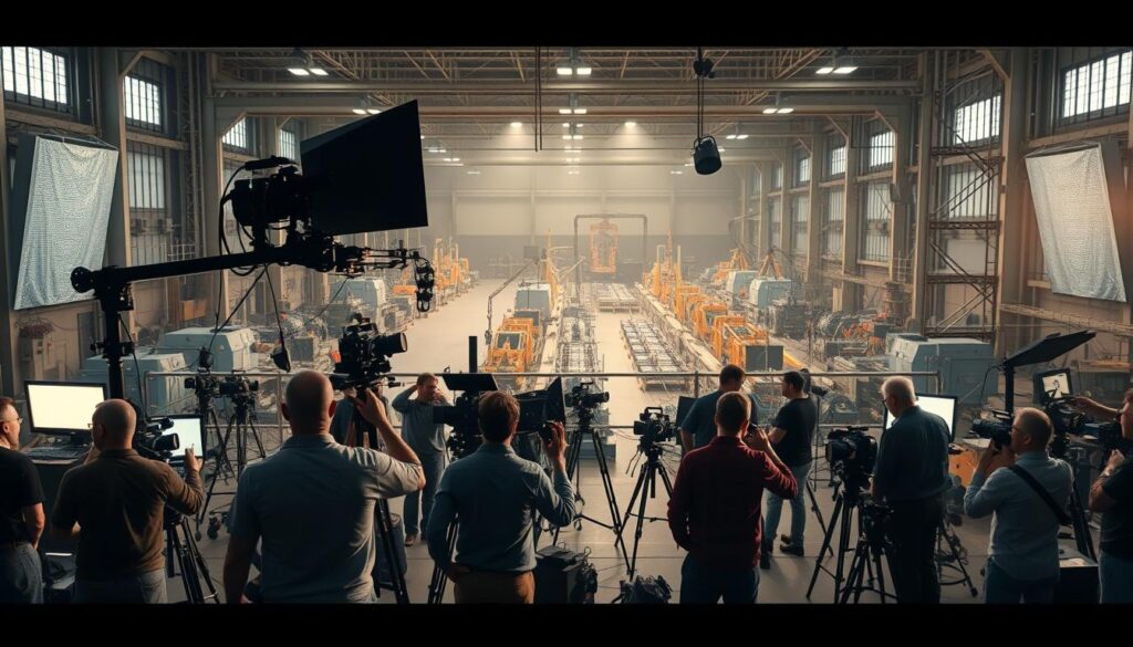 A large industrial studio, filled with a bustling crew and state-of-the-art filmmaking equipment. In the foreground, a group of technicians carefully adjust the lighting, crafting a warm, cinematic glow that envelops the scene. In the middle ground, a complex array of cameras, booms, and other specialized gear is positioned with precision, ready to capture every detail of the industrial process unfolding before them. In the background, a massive factory floor stretches out, its towering machinery and intricate assembly lines the focus of this cinematic endeavor. The atmosphere is one of focused intensity, as the filmmakers work in seamless harmony to document the industrial spectacle, their cameras and lenses meticulously selected to render the scene in stunning, high-definition clarity. A large industrial studio, filled with a bustling crew and state-of-the-art filmmaking equipment. In the foreground, a group of technicians carefully adjust the lighting, crafting a warm, cinematic glow that envelops the scene. In the middle ground, a complex array of cameras, booms, and other specialized gear is positioned with precision, ready to capture every detail of the industrial process unfolding before them. In the background, a massive factory floor stretches out, its towering machinery and intricate assembly lines the focus of this cinematic endeavor. The atmosphere is one of focused intensity, as the filmmakers work in seamless harmony to document the industrial spectacle, their cameras and lenses meticulously selected to render the scene in stunning, high-definition clarity.