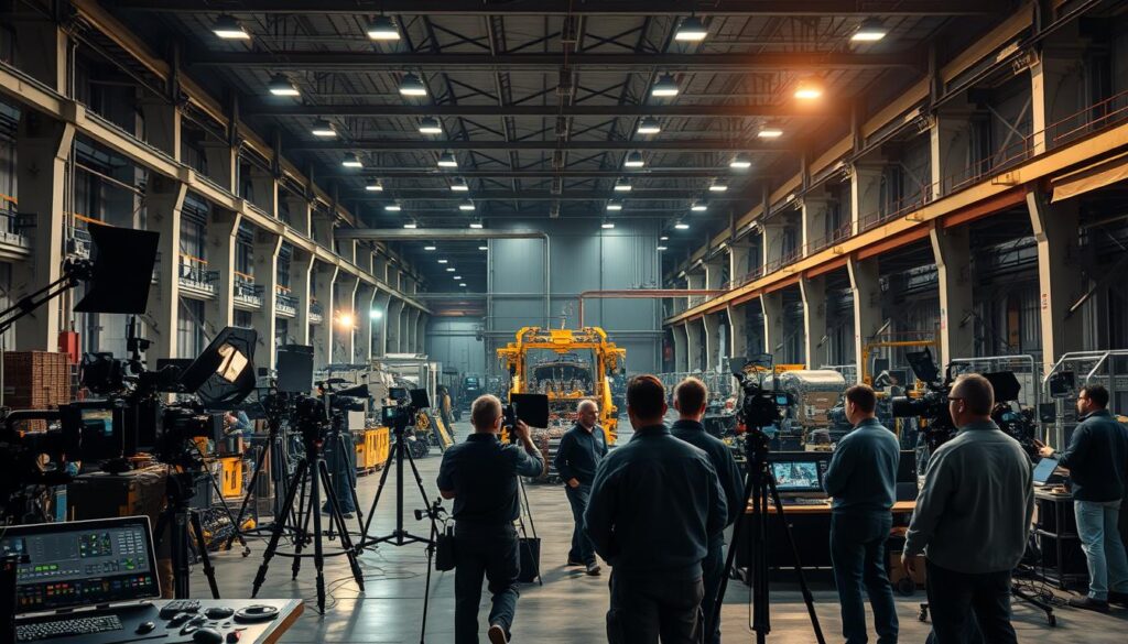A large industrial warehouse, filled with advanced film production equipment. In the foreground, a film crew diligently operates cameras, lights, and sound gear, capturing the intricate processes of an industrial manufacturing line. In the middle ground, engineers and technicians monitor control panels, adjusting settings to optimize the shoot. The background is dominated by the towering machinery of the factory, casting dramatic shadows and reflections across the scene. Overhead, high-intensity lamps bathe the entire workspace in a warm, focused glow, creating a sense of intensity and professionalism. The overall atmosphere conveys the meticulous coordination and technical mastery required to produce a high-quality industrial film.
