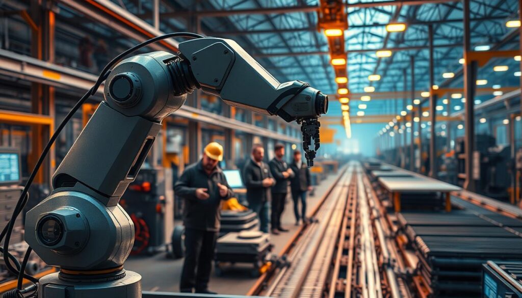 A modern industrial film set in the Mazowieckie region, featuring advanced AI-powered visuals. In the foreground, a sleek, state-of-the-art robotic arm gracefully manipulates materials, showcasing the precision and efficiency of AI-driven manufacturing. In the middle ground, a team of engineers collaborates seamlessly, their faces illuminated by the glow of holographic displays. The background depicts a sprawling, high-tech factory floor, bathed in a warm, amber light that emphasizes the industrious atmosphere. The entire scene conveys a sense of technological prowess, innovation, and the seamless integration of AI into the industrial landscape.