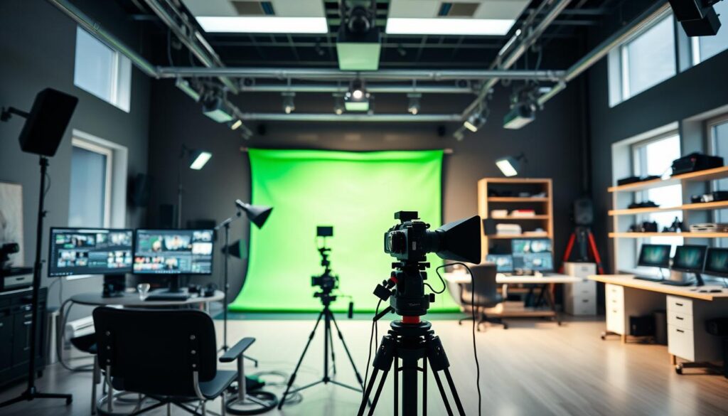 A modern video production studio with a range of equipment and technology. In the foreground, a director's chair and camera tripod, conveying the filmmaking process. In the middle ground, a green screen backdrop, lighting rigs, and various video editing software interfaces on computer screens. The background showcases a clean, minimalist workspace with shelves of video production gear, cables, and other production tools. Bright, natural lighting from large windows creates a professional, high-tech atmosphere. The overall scene depicts the comprehensive workflow of video content creation, from pre-production to post-production.