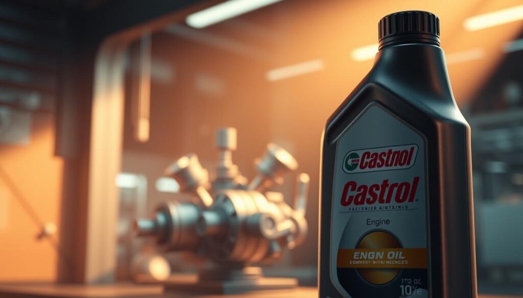 A professional video production for Castrol, featuring a sleek and modern 3D animated product shot. The scene showcases a Castrol engine oil bottle in the foreground, illuminated by warm, directional lighting that creates dramatic shadows and highlights the bottle's metallic and glass textures. In the middle ground, a dynamic 3D animation of engine components, pistons, and gears, conveying the product's technical capabilities. The background blends a soft, out-of-focus industrial setting, with hints of machinery and engineering elements, establishing a professional, high-tech atmosphere. The overall mood is one of precision, technology, and quality, reflecting Castrol's brand identity.