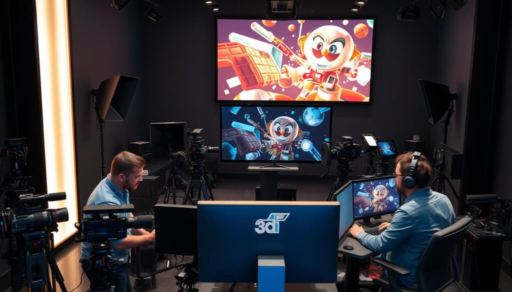 A professional video production studio set against a sleek, modern backdrop. In the foreground, a crew of skilled videographers and animators collaborate on a cutting-edge 3D animation project, their expressions focused and determined. The middle ground features an array of high-end cameras, lighting equipment, and workstations, all arranged in an efficient, visually striking layout. In the background, a large projection screen displays a dynamic, visually captivating 3D animation, hinting at the studio's impressive capabilities. The overall scene conveys a sense of technical expertise, creative innovation, and a commitment to delivering exceptional video production services.