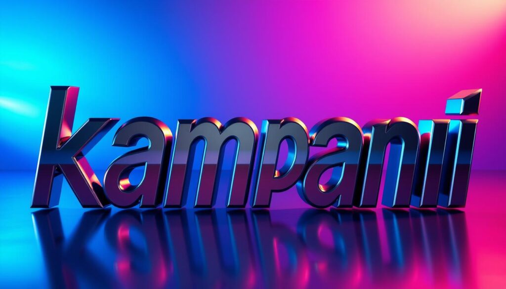 A sleek, metallic 3D animation of the word "kampanii" against a vibrant, neon-infused backdrop. The letters have a futuristic, glossy sheen, with sharp edges and bold curves that convey a sense of technological innovation. The scene is illuminated by dynamic, directional lighting that casts dramatic shadows, creating depth and emphasizing the dimensional aspects of the typography. The background features a vibrant gradient of electric blues, greens, and purples, conveying a sense of energy and dynamism. The overall composition has a sophisticated, cinematic quality that would be well-suited to illustrate the "Innovative Approach to Film Promotion" section of the Castrol article.