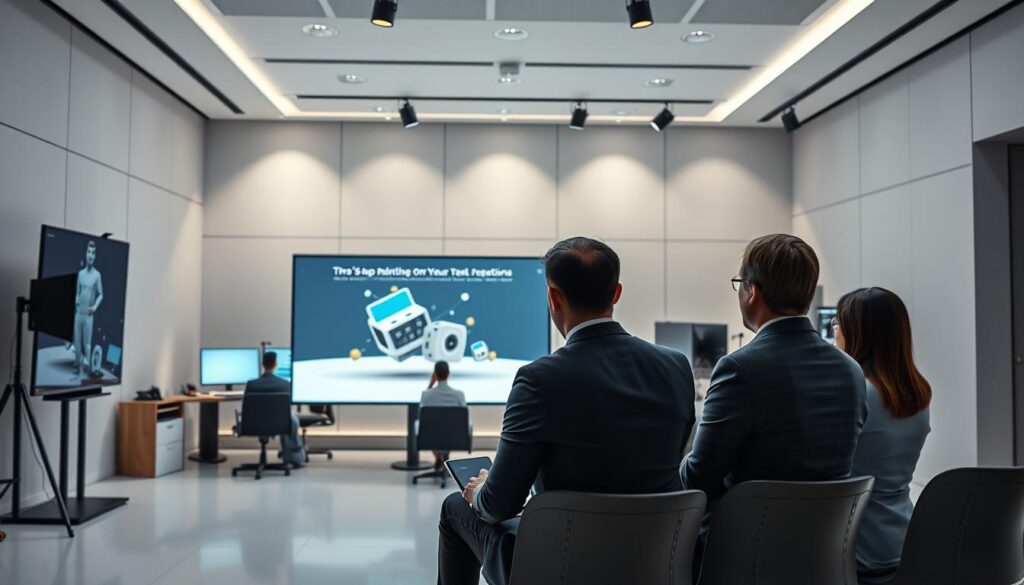 A sleek, modern corporate video production studio. In the foreground, a group of business professionals review a 3D animated product presentation on a large, high-resolution display. Soft, indirect lighting creates a professional, elegant atmosphere. In the middle ground, a team of designers and animators collaborate at their workstations, carefully crafting the digital assets. The background features a minimalist, monochromatic set design with clean lines, conveying a sense of sophistication and attention to detail. The overall scene exudes an air of strategic branding, showcasing how corporate films can effectively build a company's image and promote its products.