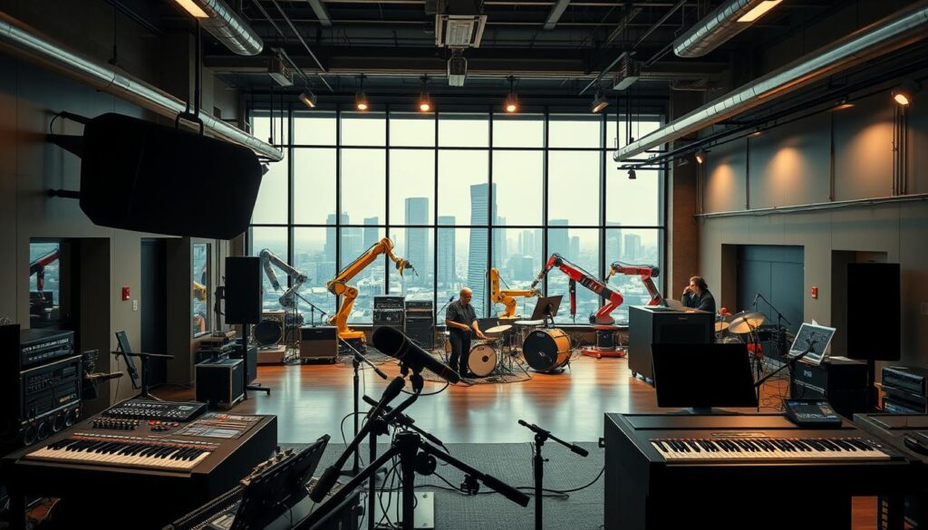 A sleek, modern factory interior with a focus on sound and music production. The foreground features various audio equipment, microphones, and musicians performing in a sound booth. The middle ground showcases the factory floor, with robotic arms and machinery in motion, creating a dynamic industrial ambiance. The background depicts large windows overlooking a cityscape, allowing natural light to flood the space and create a warm, inviting atmosphere. The lighting is a harmonious blend of soft, diffused illumination and strategic spotlights, highlighting the key elements. The overall mood is one of precision, creativity, and the seamless integration of technology and human artistry.