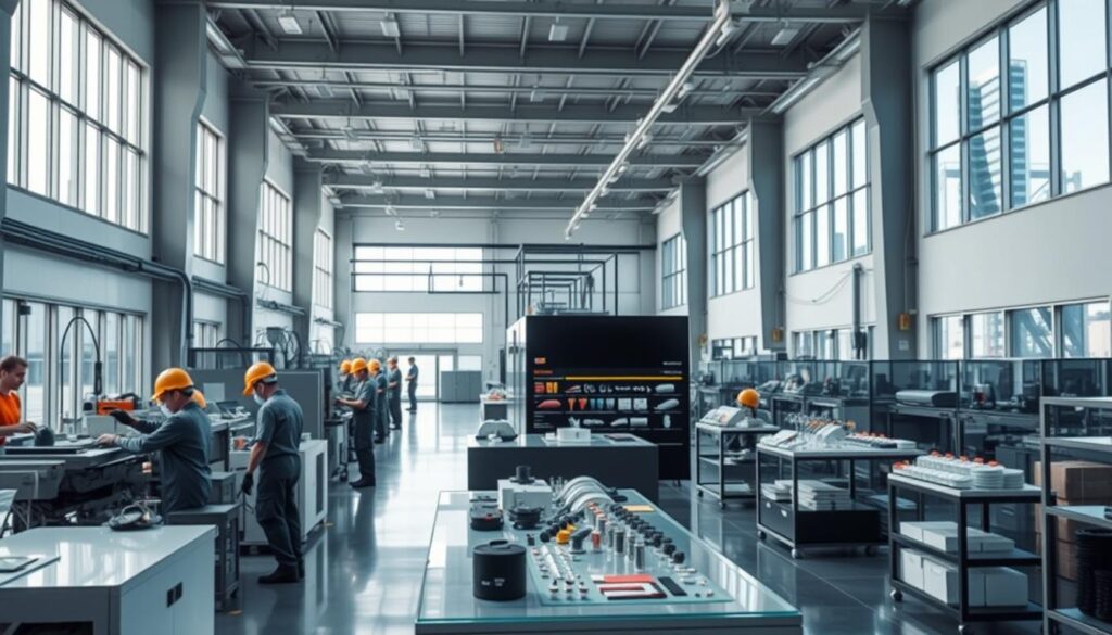 A sleek, modern factory interior with large windows flooding the space with natural light. In the foreground, a team of workers in safety gear carefully operating advanced machinery, their movements choreographed with precision. In the middle ground, a showcase of the factory's latest product line, displayed with careful curation. The background reveals the expansive scale of the facility, with high ceilings, industrial beams, and a sense of order and efficiency. The overall mood is one of professionalism, innovation, and pride in the manufacturing process.