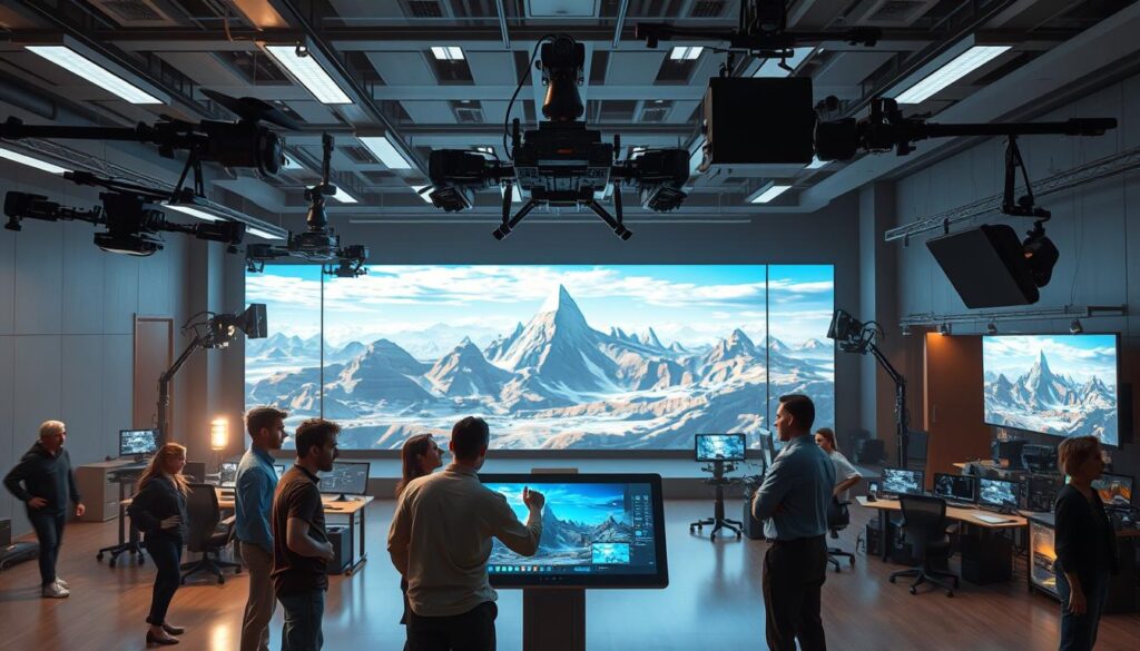 A sleek, modern film production studio with cutting-edge AI technology. In the foreground, a group of filmmakers collaborate around a large touchscreen display, strategizing the production of a dynamic 3D animated sequence. Overhead, advanced robotic camera rigs and lighting systems hover, capturing every nuanced movement. The middle ground features state-of-the-art rendering workstations, their screens displaying complex 3D models and real-time simulations. In the background, a massive video wall projects a jaw-dropping CGI landscape, hinting at the cinematic grandeur that will emerge from this innovative AI-powered production pipeline. The scene exudes a sense of creative energy, technical sophistication, and cinematic ambition.