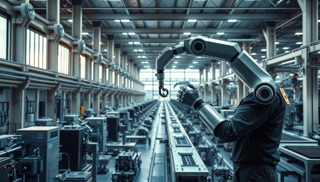 A sleek, modern industrial factory setting with a focus on the production process. The foreground features a worker operating an advanced AI-powered robotic arm, precisely manipulating components. In the middle ground, rows of gleaming machinery and assembly lines bustle with activity, their movements choreographed by intelligent algorithms. The background showcases towering ceilings, floor-to-ceiling windows, and subtle lighting that casts a warm, techno-futuristic glow, highlighting the seamless integration of human and machine. The overall atmosphere conveys a sense of efficiency, innovation, and the transformative power of artificial intelligence in revolutionizing industrial filmmaking.