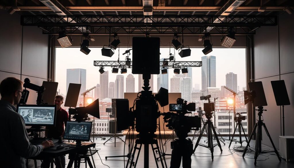 A sleek, modern industrial film production studio set against a backdrop of the Warsaw skyline. In the foreground, a crew members operate high-end 3D animation equipment, crafting intricate visuals. The middle ground features a state-of-the-art film set with an array of advanced lighting rigs and cameras, capturing every detail. In the background, the iconic architecture of Warsaw's business district provides an urban, professional atmosphere. Soft, warm lighting illuminates the scene, creating a sense of productivity and technical expertise. The overall mood conveys the company's wealth of experience in producing polished, cinematic industrial films.