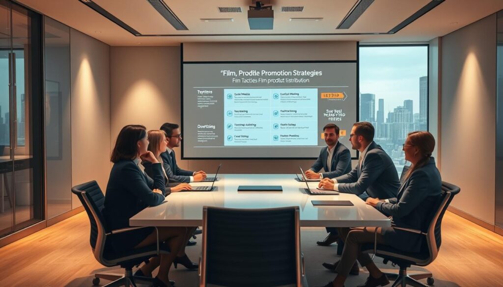 A sleek, modern office setting with a large projection screen displaying film promotion strategies. In the foreground, a stylish conference table surrounded by business professionals in smart attire, engaged in a lively discussion. Soft, directional lighting casts a warm glow, creating an atmosphere of collaboration and innovation. The middle ground features a visually appealing presentation, showcasing key tactics for effective film product distribution, such as social media marketing, targeted advertising, and event-based promotions. The background subtly hints at a bustling city skyline, underscoring the dynamic, commercial nature of the scene. The overall impression is one of a well-planned, strategically-driven approach to film product promotion.