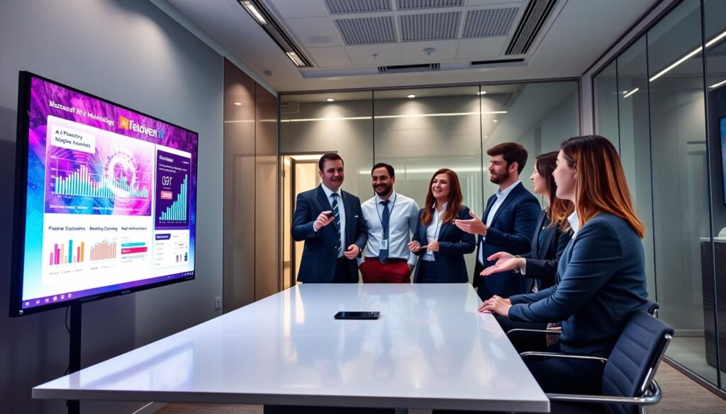 A sleek, modern office setting with a team of professionals showcasing successful AI-powered marketing campaigns. In the foreground, a stylish presentation screen displays vibrant, data-driven visuals, capturing the attention of the well-dressed executives gathered around a minimalist conference table. The middle ground features team members collaborating enthusiastically, gesturing towards the presentation, their faces illuminated by the soft, directional lighting. The background subtly hints at the company's technological prowess, with subtle holographic elements and a sophisticated, futuristic ambiance. The overall scene conveys a sense of innovation, professionalism, and the power of AI-driven marketing strategies. A sleek, modern office setting with a team of professionals showcasing successful AI-powered marketing campaigns. In the foreground, a stylish presentation screen displays vibrant, data-driven visuals, capturing the attention of the well-dressed executives gathered around a minimalist conference table. The middle ground features team members collaborating enthusiastically, gesturing towards the presentation, their faces illuminated by the soft, directional lighting. The background subtly hints at the company's technological prowess, with subtle holographic elements and a sophisticated, futuristic ambiance. The overall scene conveys a sense of innovation, professionalism, and the power of AI-driven marketing strategies.