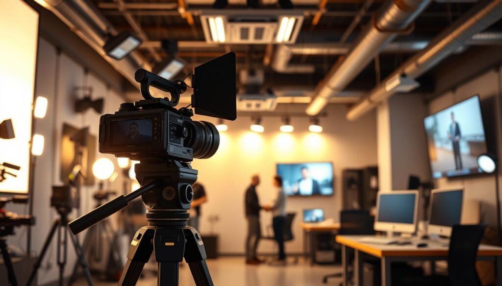 A sleek, modern office space filled with various video production equipment. In the foreground, a professional-grade camera sits atop a sturdy tripod, its lens focused on a subject in the middle ground. Surrounding the camera, an array of lighting fixtures cast a warm, cinematic glow, creating dramatic shadows and highlights. In the background, a wall-mounted display showcases a video playback, while a desk with a computer and other peripherals suggests a post-production setup. The overall atmosphere conveys a sense of efficiency, creativity, and the seamless integration of video content creation and distribution within an industrial setting.