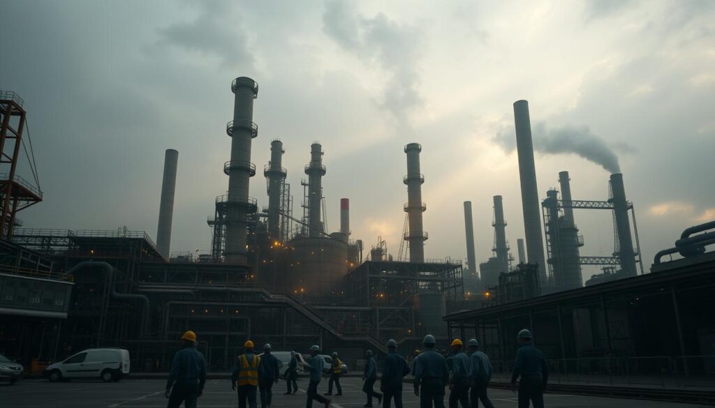 A vast industrial facility, its towering chimneys and gleaming metal structures silhouetted against a moody, overcast sky. Beams of warm, diffused lighting filter through the hazy atmosphere, casting a soft, cinematic glow over the bustling scene. In the foreground, a group of workers in protective gear move purposefully, their movements captured with a shallow depth of field, emphasizing the dynamic energy of the production process. The camera angles alternate between wide, establishing shots and closer, more intimate perspectives, showcasing the intricate machinery and the meticulous attention to detail that defines this industrial environment. The overall impression is one of efficiency, precision, and the awe-inspiring power of modern manufacturing.