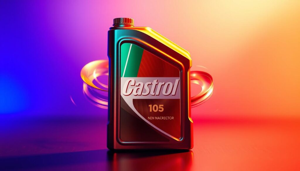 A vibrant and dynamic promotional campaign, featuring a sleek 3D Castrol oil can prominently displayed in the foreground. The can is illuminated by warm, dramatic lighting, casting dramatic shadows and highlights that accentuate its metallic, reflective surface. In the middle ground, a series of dynamic, swirling 3D animations dance around the can, showcasing the product's technical capabilities and performance. The background is blurred, with a subtle gradient of colors ranging from deep blues to vibrant oranges, creating a sense of depth and energy. The overall composition is balanced and visually striking, conveying the excitement and innovation of the Castrol brand's promotional efforts.