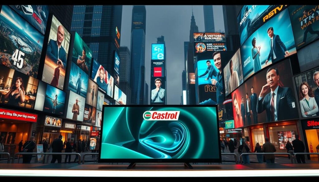 A vibrant display of film advertising in various distribution channels. In the foreground, a sleek, cinematic Castrol advertisement showcases 3D animations and AI-powered visuals, capturing the audience's attention. In the middle ground, digital screens and billboards feature a diverse range of engaging commercials, each with its own unique style and message. The background is filled with a bustling city landscape, where these advertisements seamlessly integrate into the urban environment, creating a visually captivating and immersive experience. The scene is illuminated by warm, directional lighting, highlighting the dynamic interplay of digital media and physical spaces. The overall atmosphere conveys a sense of modern, sophisticated marketing, blending technology, creativity, and consumer engagement.