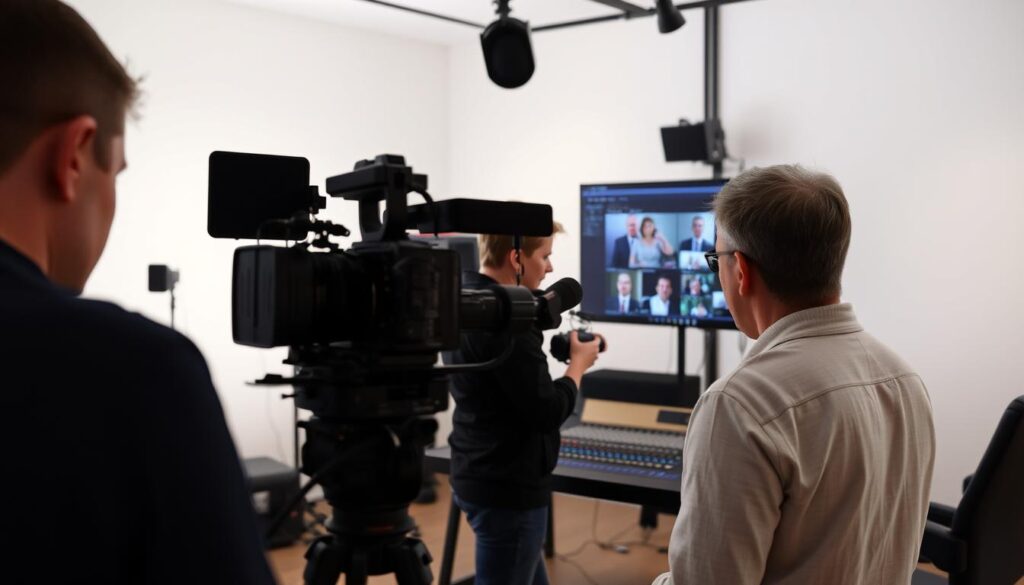 A video crew capturing footage in a modern, well-lit production studio. In the foreground, a camera operator steadily films a subject, their face obscured. The middle ground features a sound engineer adjusting levels at a mixing console, focused on their task. In the background, a director reviews footage on a large monitor, brow furrowed in concentration. Soft, diffused lighting creates a professional, collaborative atmosphere, conveying the seamless teamwork involved in video production. The scene evokes a sense of the technical expertise and creative process behind crafting a compelling video report.