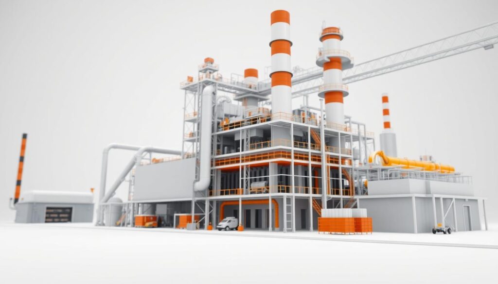 Generuj obraz animacji 3D prezentującej detale budowy fabryki