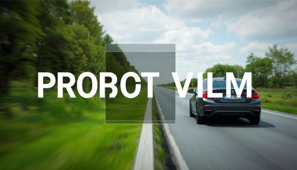 Generuj obraz: samochód na drodze z nakładką graficzną prezentującą możliwości filmu produktowego