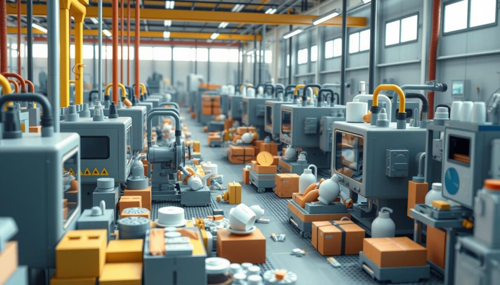 Generuj obrazek: Fabryka z maszynami i produktami w 3D animacji Generuj obrazek: Fabryka z maszynami i produktami w 3D animacji