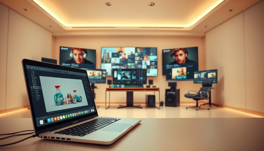 Prompt A sleek, minimalist video editing suite, bathed in warm lighting and clean lines. In the foreground, a laptop displays a video timeline with animated 3D graphics of Castrol products. The middle ground features state-of-the-art video editing software, with intuitive controls and a focused, professional layout. In the background, large screens showcase various social media and video platforms, hinting at the need for strategic optimization and distribution. The overall atmosphere is one of efficiency, innovation, and a keen eye for detail - reflecting the art of crafting a high-quality, impactful video production.